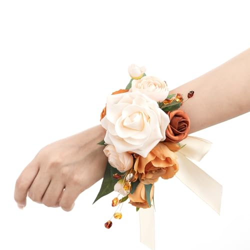 Ling's Moment 2pcs Prom Wrist/Shoulder Corsage Artificial Flower, Girl/Mother Homecoming/Wedding Corsage Wristlet Décor, etc. Fall Terracotta Cream