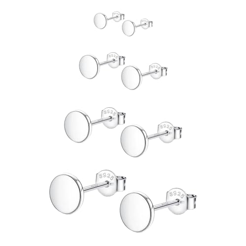 Image of Hinvan 4 Pairs 925 Sterling Silver Earrings Silver Stud Earrings Small Round Cartilage Tragus Tiny Flat Dot Set Silver Studs Disc Sleeper Studs Earrings for Women Men Girls