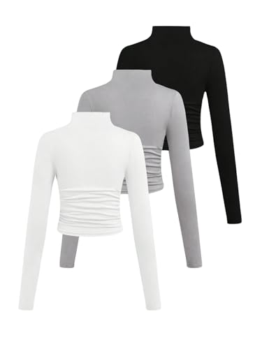 COZYEASE Girl's 3 Packs High Neck T Shirt Long Sleeve Ruched Crop Tops Casual Slim Fit Basic Tees