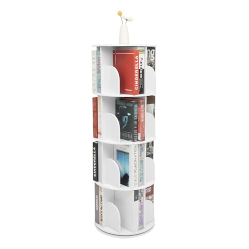 QUIOTUIR - Biblioteca giratoria de 360 a 4 niveles con 16 compartimentos ajustable altura capacidad de carga 60 kg para almacenar libros, artesanías, coleccionables, plantas, muñecas