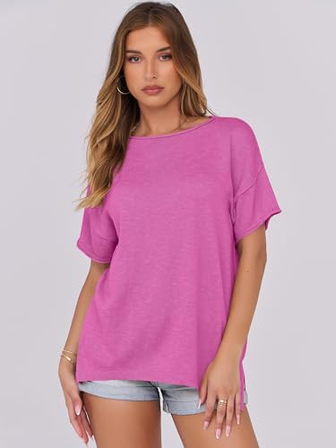 Caracilia Women Summer Lightweight Sweater Top Oversized Short Sleeve Drop Shoulder Seams Outside Casual T-Shirts Trendy 20252