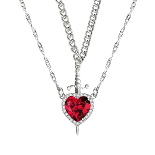 Heart Sword Necklace For Couples Him And Her Gold Silver Stainless Steel Cuban Water Ripple Chain Zirconia Dainty Trendy Matching Sword Through Heart Necklace Set Valentines Day Jewelry Gift