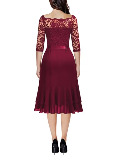 Miusol Women's Off Shoulder Elegant Floral Ruffle Half Sleeve Lace Contrast Chiffon Party Dress (Medium, Red)2