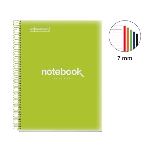 Miquelrius - Notizbuch A4 Notebook Emotions, 120 Blatt 90 g/m², Horizontale Streifen 7 mm, 5 Farbige Streifen, Mikroperforierte Spirale, Polypropyleneinband, Limonengrün