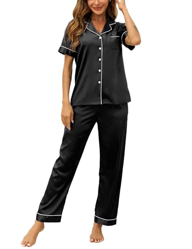 KCW Pajamas for Women Set 2 Piece Silk Lounge Sets Pj Sets Satin Long/Short Sleeve Button Down Sleepwear Outfits