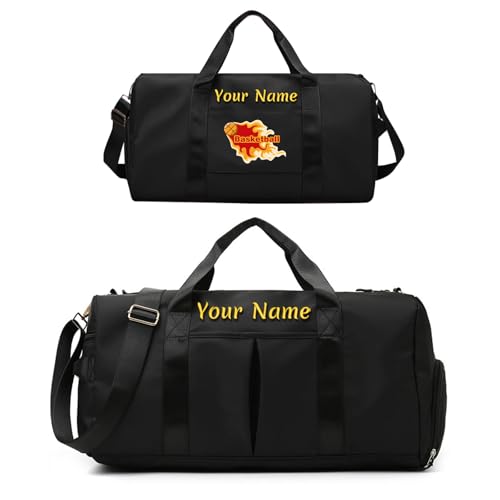 Custom Duffle Bag, Personalized Embroidered Sports Gym Bag for Women/Men, Travel Bag with Double-Sided Customization and Separate Wet and Dry Pockets and Shoe Bags-Black