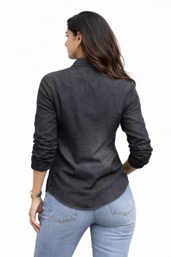 Image of Women's Denim Shirt | Long Sleeve Button Down Casual Shirt | Lightweight Summer Friendly Fabric | Regular Fit | Navy Blue & Charcoal Grey