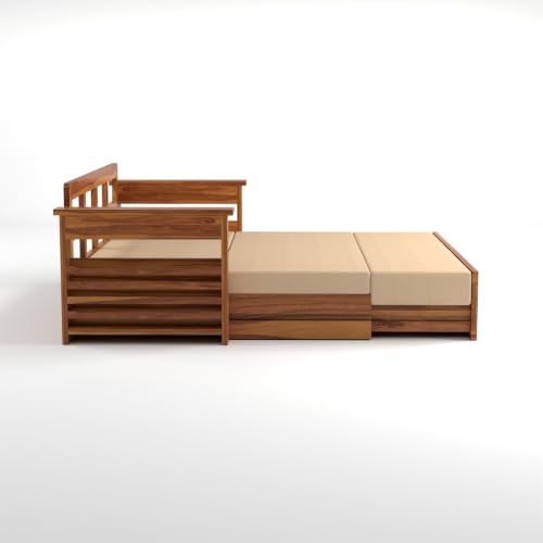 Image of PS DECOR Solid Sheesham Wood 3 Seater Sofa Cums Bed with Cane Panel | Wooden Sofa Bed with Cushioned Seating & Backrest