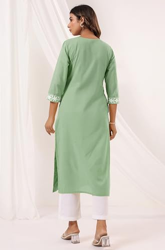 Image of Janasya Women's Pure Cotton Embroidered Straight Kurta