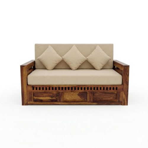 Image of SONA ART & CRAFTS Kuber Sheesham Wood Sofa Cum Bed with Bedside | 3 Seater with Storage and Side Pockets for Living Room Organizer Furniture Sofa Bed Home, Bedroom (Natural Finish)