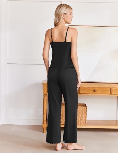 Image of Ekouaer Womens Y2K Cami Pajama Set with Flare Pants, 2 Piece Lace Trim Sleepwear Spaghetti Strap Pjs Set XS-2XL