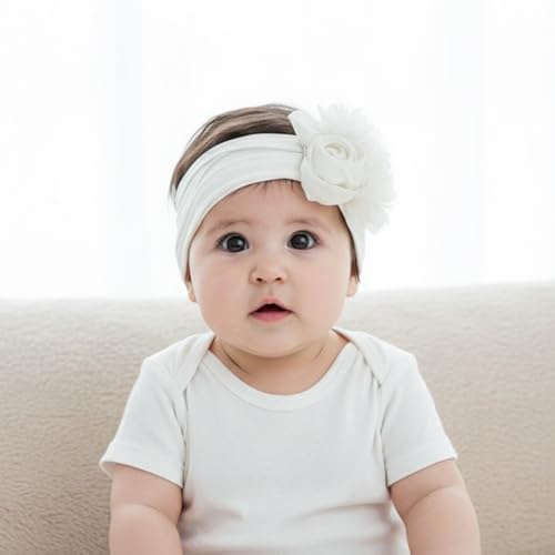 Image of SYGA Baby Headbands Girls Rose Flower Nylon Strechable Hairbands For Newborn Infant Toddlers Kids 0-3 Year (White)