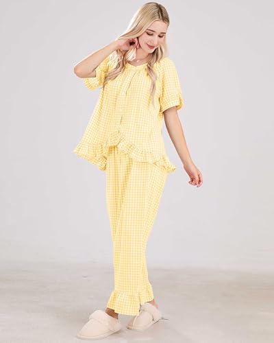 Image of codcm Womens Gingham Pajama Set 2 Piece Short Sleeve Babydoll Shirt and Pants Lounge Set Cute Sleepwear