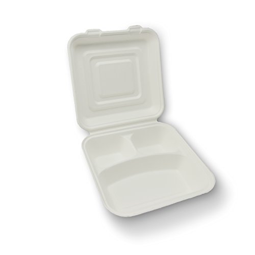Stalkmarket 100% Compostable Natural Plant Fiber Hinged Container, Large 3-Compartment, 200-Count Case
