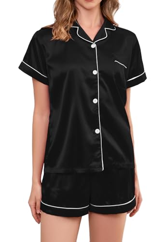 Brezzistaxs Satin Pajama Set for Women 2-Piece Satin PJ Set Button-Down Silk PJ Set - Classic Silky Pajama (US Alpha Medium Regular Regular Black)