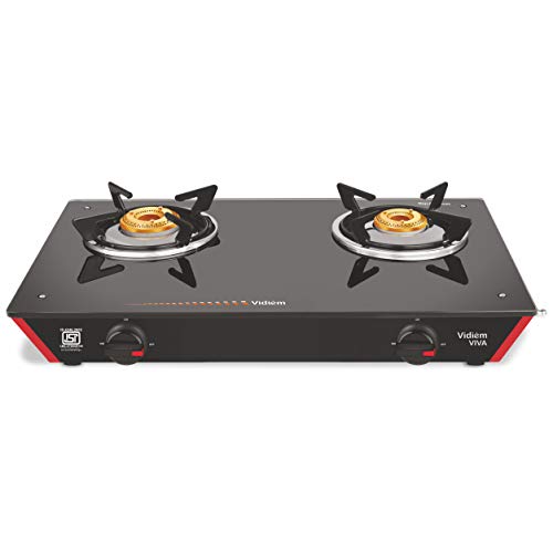 Vidiem Gas Stove G2 166 A (Black) | 2 Burner Gas Stove | Manual Ignition | 8mm Toughened Glass Top Gas Stove | Safety, Reliability, High Efficiency | ISI Certified | 2 years warranty