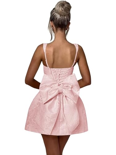 Image of Short V Neck Jacquard Tight Homecoming Dresses with Bow Satin A Line Lace Up Blush Pink Elegant Mini Cocktail Party Prom Gown for Teens 2025 US0