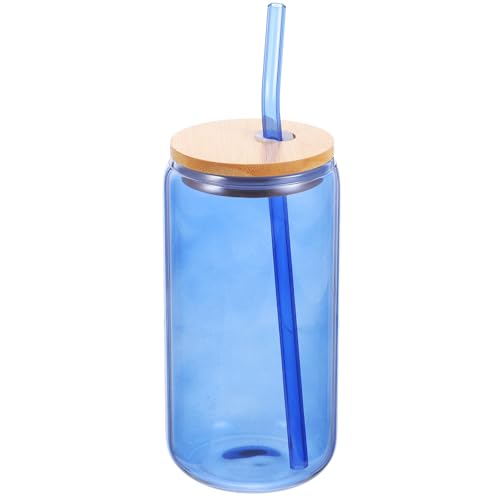 IDEANATEGRATE Vaso de Vidrio Reutilizable con Tapa de Madera Azul de 500 Ml para Bebidas Frías, Jugo y Cócteles, Vaso Multifunción Resistente y Apto para Uso Diario en Hogar y Cocina
