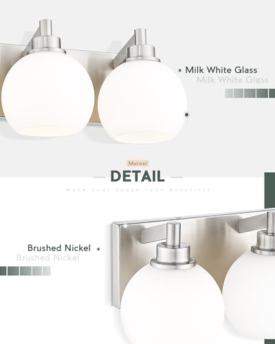 Image of Bathroom Light Fixtures, 3-Light Brushed Nickel Vanity Light, Modern Wall Sconces with Milk White Globe Glass Shade, Vanity Lighting Fixtures Over Mirror, VL195-BN-ML-3