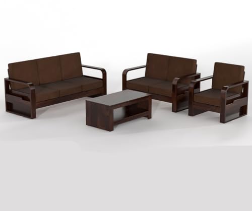 Image of Sheesham Wooden 6 Seater Sofa Set for Living Room | Solid Wood Sofa with Side Pocket Storage & Cushion | Rosewood Sofa for Home & Office | Lounge (Walnut with Brown Cushion, 6 Seater)