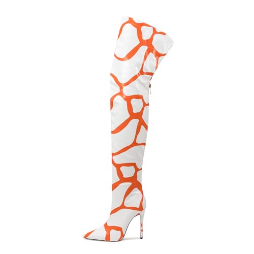 Image of Thigh high boots for women striped Back zipper Burgundy Zebra Print Over the knee Sexy gold white pointed toe Cow Print leopard Magenta stiletto heel