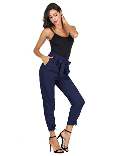 Grace Karin Women's Cropped Paper Bag Waist Pants With Pockets Navy Blue M #TOP2