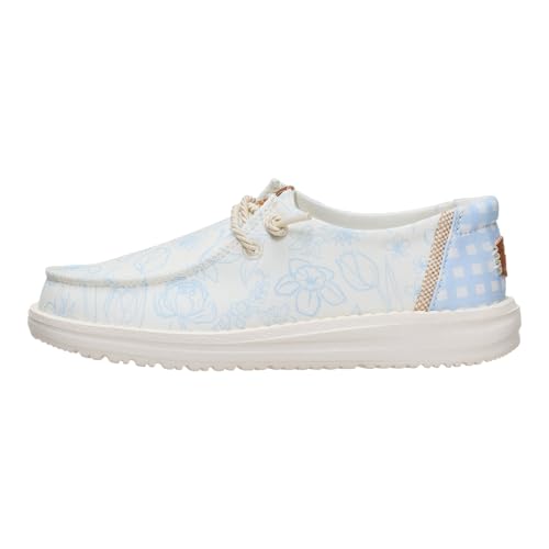 Image of HEYDUDE Girl's Youth Wendy Garden Floral Slip On Shoe | Skyway Blue /Multi | Lightweight Loafer with Elastic Laces