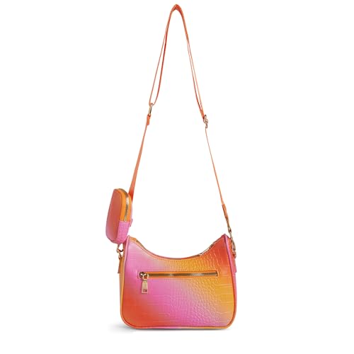 Image of Caprese Marilyn Medium Sling Bag for Women | Croc Pattern Crossbody Bag with Detachable Mini Pouch | Adjustable Strap Shoulder Bag for Everyday Use (Coral Ombre)