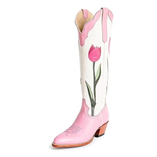Maiyang Women Pointed Toe Flower Knee High Boots Pull on Low Chunky Heel Cowboy Boots Fashion Comfy Western Boots Size 4-16 US