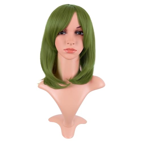 MapofBeauty 16 Inch Side Bangs Heat Resistant Fashion Bob Wig, Olive Green