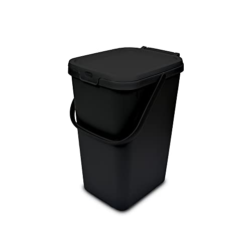 Addis 519282 Kitchen Recycling & General Storage bin 18 litres Stackable Food Waste Organiser Caddy with Clip lock lid & carrying Handle Eco Black