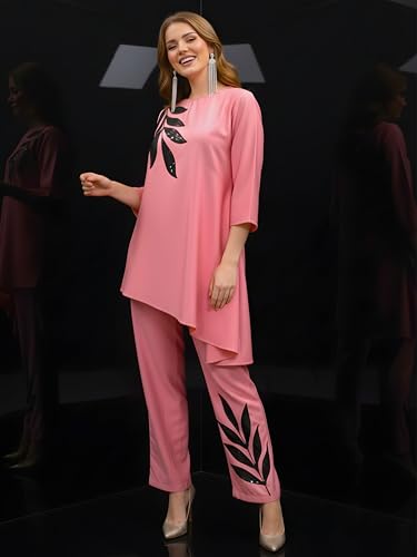 Image of Women's Magenta Chanderi Sequin Embroidered Co-ord Set | Round Neck 3 /4 Sleeve Asymmetric Top with Trousers | Festive Co-ord for Party, Wedding