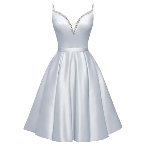 yinyyinhs Satin Homecoming Dresses 2024 Spaghetti Straps A-Line Short Prom Dress for Women Sparkly Beaded Cocktail Party Gown with Pockets Silver US2 Cover