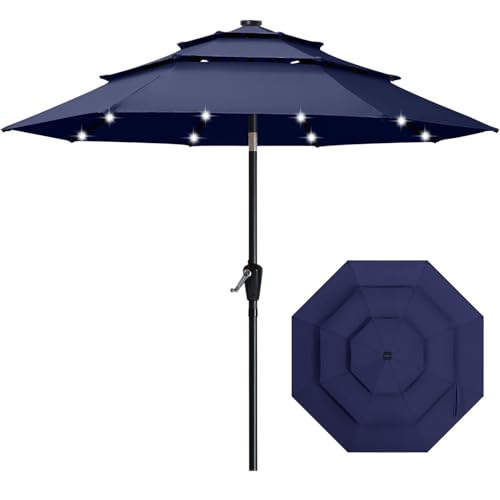 ABCCANOPY 3-Tiers 11FT Solar Patio Umbrella, Outdoor Umbrella with 32 LED Lights for for Deck, Pool, Garden, Backyard (Navy Blue)