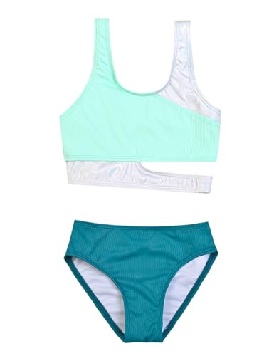 Mirawsie Girls Swimsuit Bikini 2 Piece Set Patchwork Cut Out Split Sport Suits 6-14