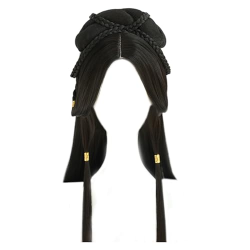 Peluca larga negra Hanfus Peluca asiática sintética Trenzado tradicional Updo Cosplay Traje chino para niñas Mujeres Traje chino asiático Mujer