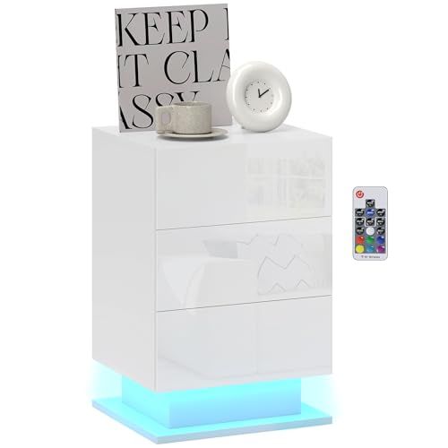 HOMCOM Mesita de Noche con Tira LED Multicolor Variable 3 Cajones Estilo Moderno Mesa Auxiliar para Dormitorio Salón Mesilla de Noche 40x35x60 cm Blanco Brillo