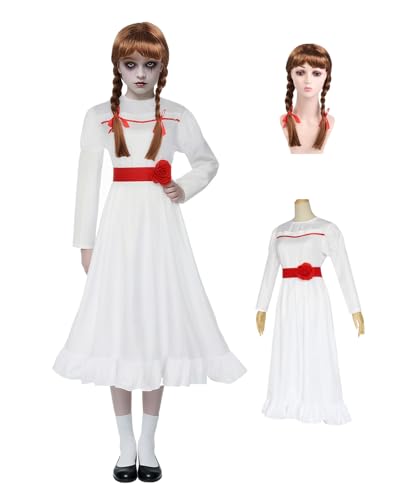 Costume d'Anna pour enfants, robe blanche avec ceinture et perruque, costume de film effrayant et effrayant pour Halloween