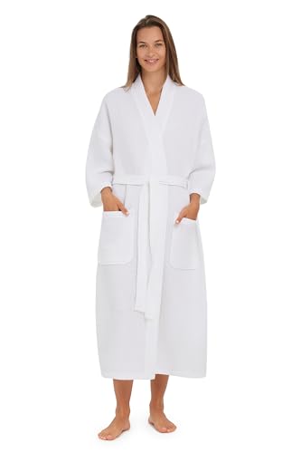 MONARCH Square Waffle Spa Kimono Robe - Soft Light Hotel Bathrobe Cypress (One Size/Large, White)