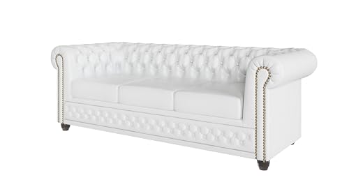 S-Style Möbel George Sofa 3-Sitzer Chesterfield-Sofa für Wohnzimmer Lounge Couch Aus Veganem Leder Möbel Freistehende Polster Sofas & Couches Couchgarnitur Weiß 203 x 86 x 72 cm
