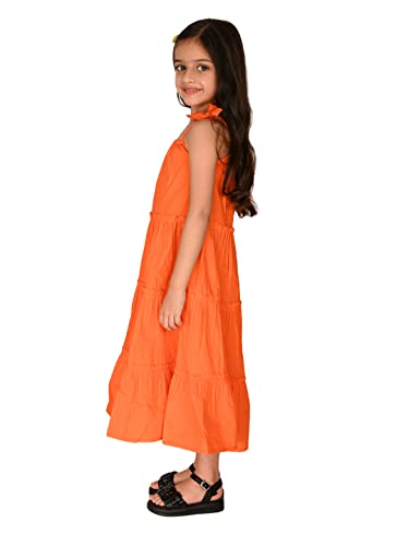Image of LILPICKS Girls Solid Tie Up Shoulder Straps Sleeveless Fit n Flare Dress (Orange)