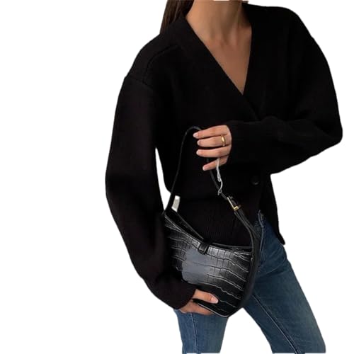 Women's V-Neck Sweater, Lantern Sleeve Short Sweater, Solid Color Retro Cardigan4