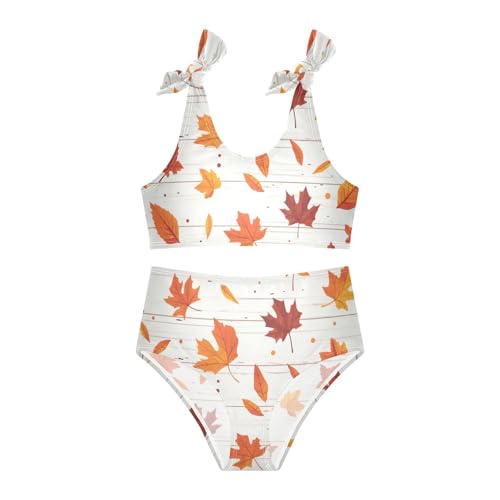 KLL Autumn Leaf on Old White Wooden Girls' 2 Piece Bikini Sets Scoop Neck Swimsuits Swimming Suits Adjustable Strap3