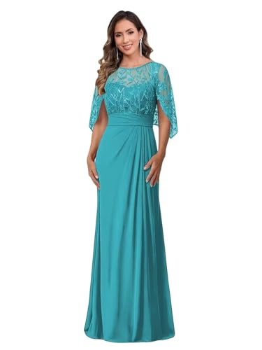 Image of Mother of The Bride Dresses - Long Chiffon Lace Appliques Cape Sleeve Ruched Waist Formal Evening Gown for Women