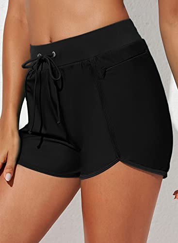 Aleumdr Women's Drawstring Bathing Suit Bottoms For Women 3" High Waisted Swim Shorts Beach Board Shorts Upf50+ With Zipper Pockets Black Medium #TOP2