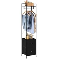 UOMIO 180CM Tall Clothes Rail with Drawers, Narrow Freestanding Coat Rack, Space Saving Clothing Rail Hanger with Storage Shelf, Stable Metal Frame Clothes Rack for Bedroom, Hallway, Cloakroom (Black)