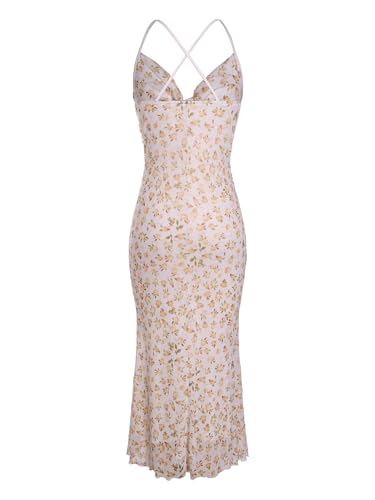 Image of SOLY HUX Women's Floral Mesh Bodycon Cami Dress Cowl Neck Sleeveless Cocktail Party Wedding Guest Long Maxi Dresses