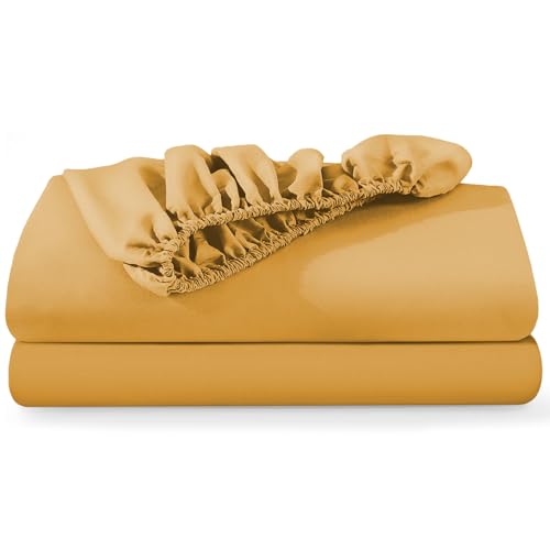 BedLooms Double Fitted Sheets 2 Pack – Ochre (137x190cm) up to 25cm Deep Bed Sheets