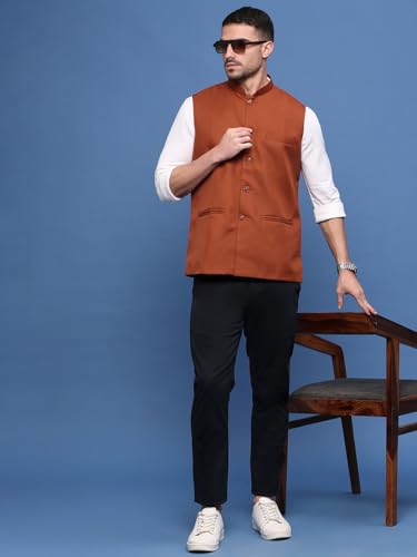 Image of SHOWOFFFF Men Solid Ethnic Nehru Jacket | Mandarin Collar Sleeveless Cotton NehruJacket for Mens | Slim Fit Regular Length NehruJackets for Men's