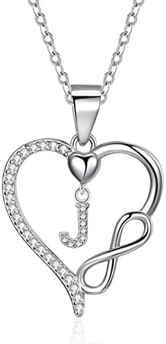 ITS4YEO 925 Sterling Silver Infinity Heart Pendant Initial Necklaces Silver Necklace Zircon Pendant Necklaces for Women Jewelry Gift for Women Wife Girls Her Valentines Gift(J)